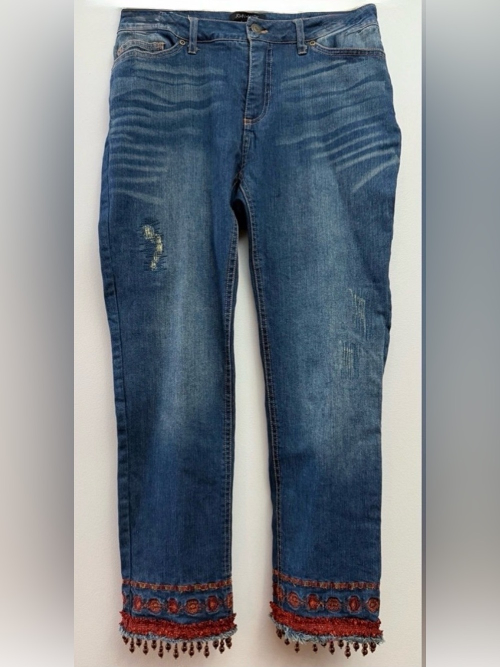 John Mark Blue Straight Leg Jeans with Red  Embroidered and Beaded Trim